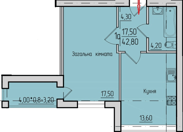 План 1-кімнатної квартири 42.8 м2