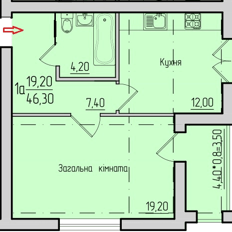 План 1-кімнатної квартири 46.6 м2