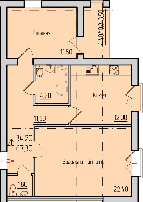 План 2-кімнатної квартири 67.3 м2