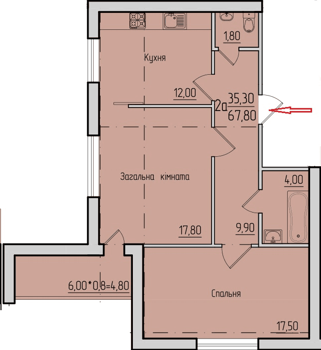 План 2-кімнатної квартири 67.8 м2